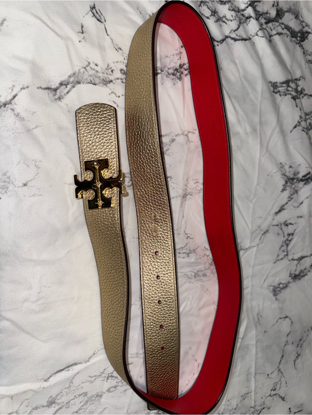 Tory Burch Gold Pebbled Leather Belt with Red Reversible Interior